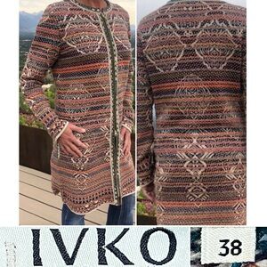 IVKO Wool Longline Geometric Pattern Zipper Cardigan Coat | Medium (38)